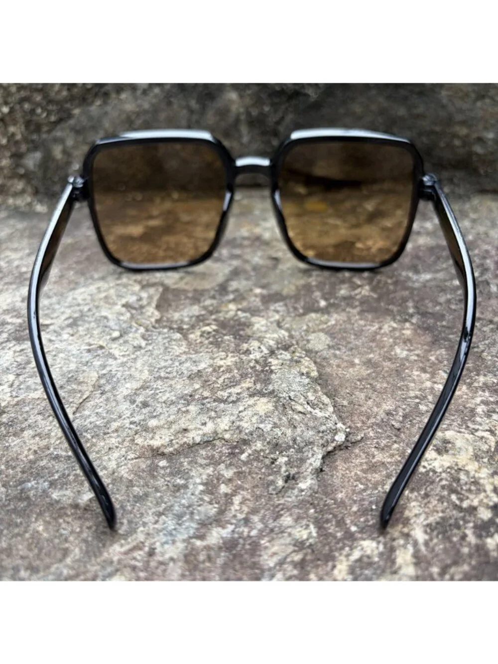 70s Style Oversized Square Black Sunglasses Warm Brown Tinted Lens Festival Boho